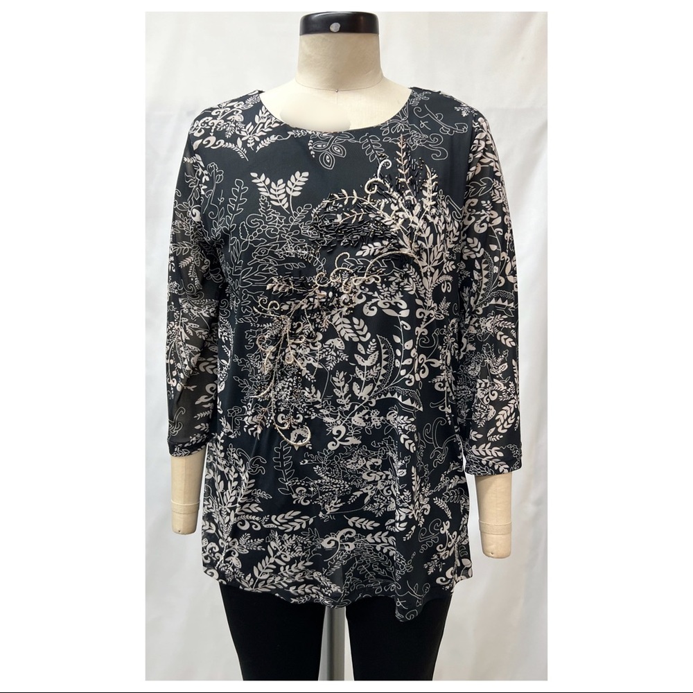 CJ Banks Black Multicolor Embellished 3/4 Sleeve Knit Printed Mesh Blouse